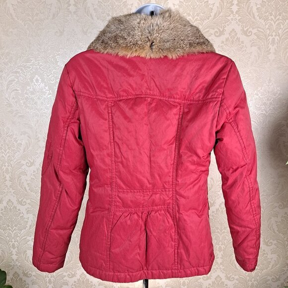 Hampsheer Size Medium Red Puffy Jacket Full Zip Detacheable Fur Collar EUC - Picture 6 of 16